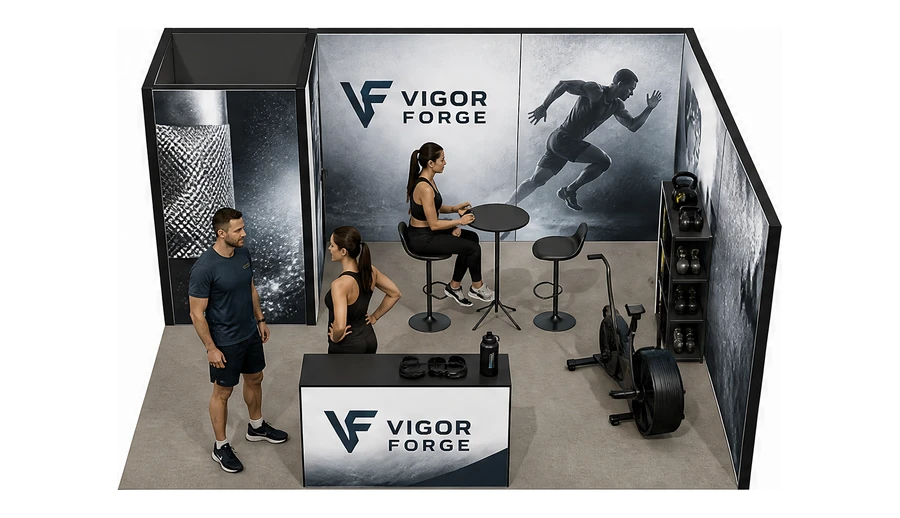 Stoisko 5 × 4 m narożne prawe dla branży fitness i siłownie, przykładowa marka Vigor Forge
