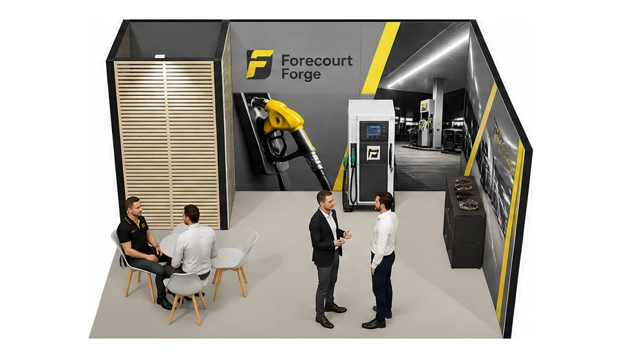 Stoisko 5 × 4 m narożne prawe dla branży stacje paliw, przykładowa marka Forecourt Forge