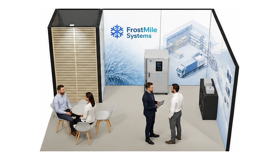 Stoisko 5 × 4 m narożne prawe dla branży łańcuch chłodniczy, przykładowa marka FrostMile Systems