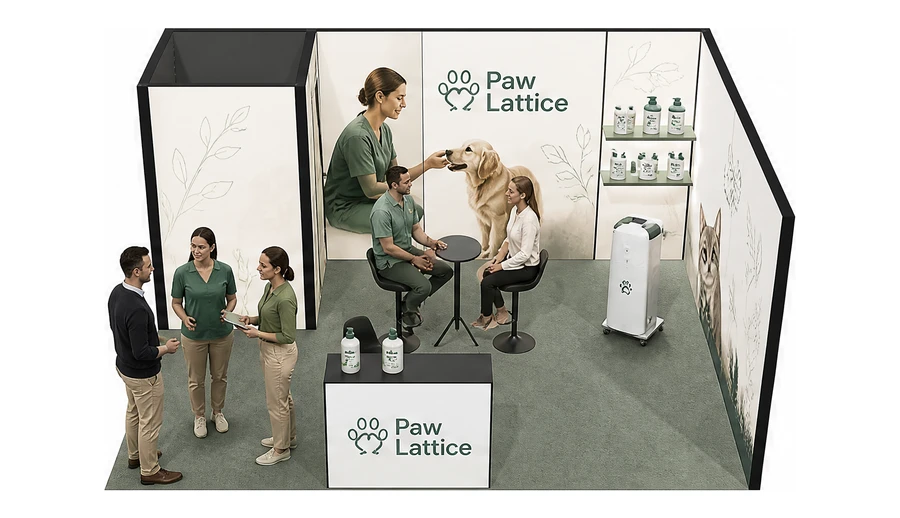Stoisko 5 × 4 m narożne prawe dla branży weterynaria, przykładowa marka Paw Lattice