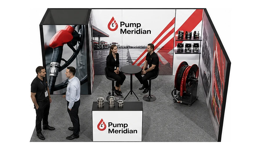 Stoisko 5 × 4 m narożne prawe dla branży stacje paliw, przykładowa marka Pump Meridian