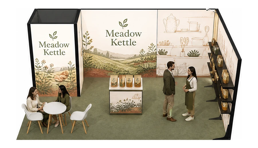 Stoisko 5 × 4 m narożne prawe dla branży żywność ekologiczna, przykładowa marka Meadow Kettle