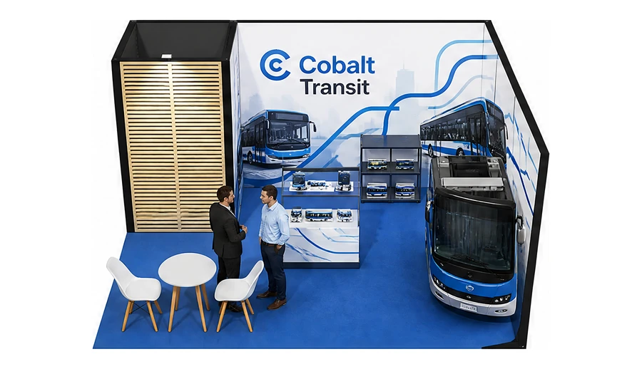 Stoisko 5 × 4 m narożne prawe dla branży autobusy i transport zbiorowy, przykładowa marka Cobalt Transit