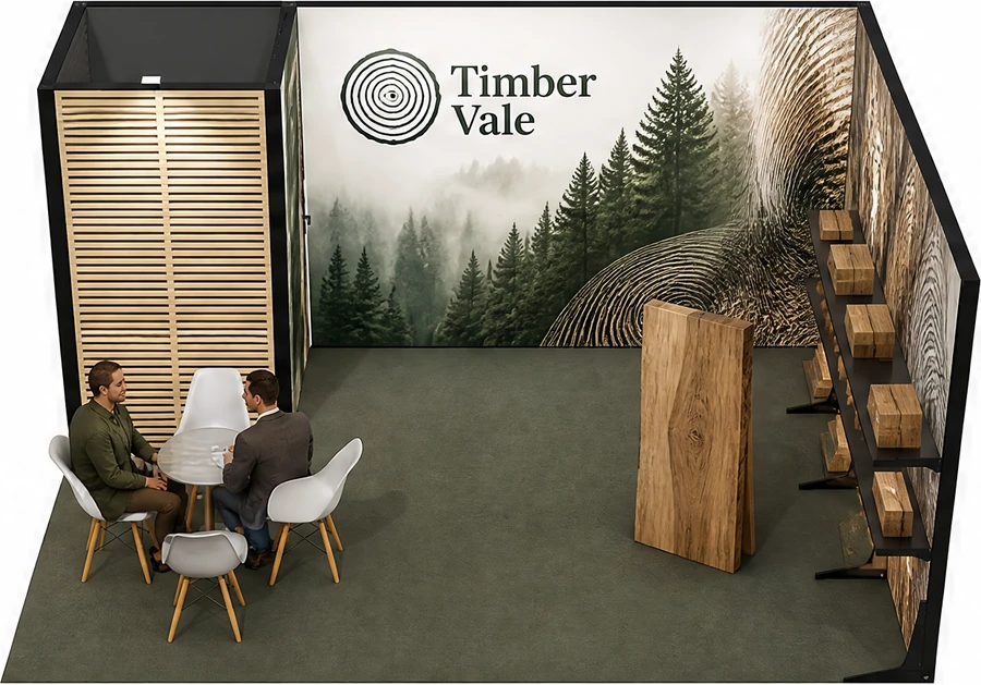 Stoisko 5 × 4 m narożne prawe dla branży leśnictwo i przemysł drzewny, przykładowa marka Timber Vale