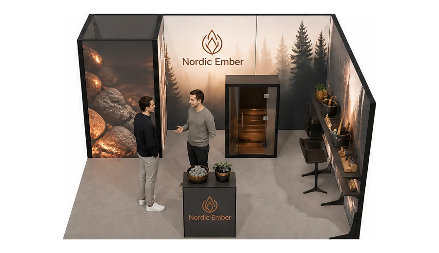 Stoisko 5 × 4 m narożne prawe dla branży baseny i sauny, przykładowa marka Nordic Ember