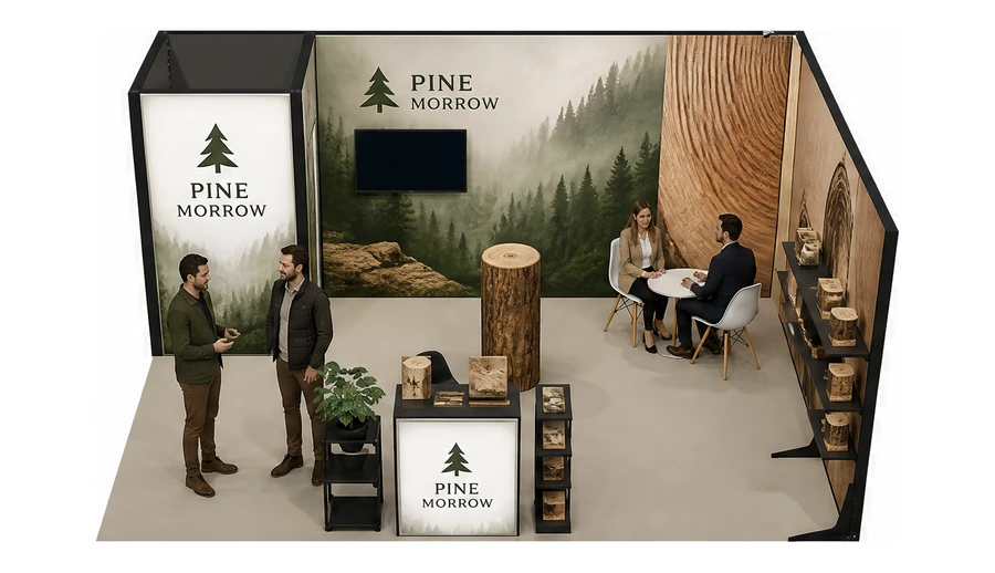 Stoisko 5 × 4 m narożne prawe dla branży leśnictwo i przemysł drzewny, przykładowa marka Pine Morrow