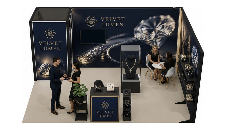 Stoisko 5 × 4 m narożne prawe dla branży biżuteria, przykładowa marka Velvet Lumen