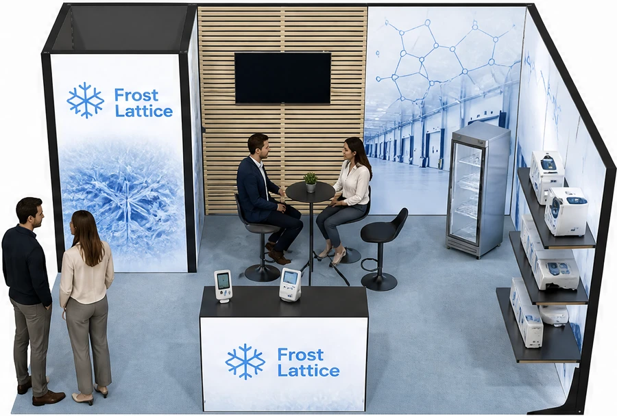 Stoisko 5 × 4 m narożne prawe dla branży łańcuch chłodniczy, przykładowa marka Frost Lattice