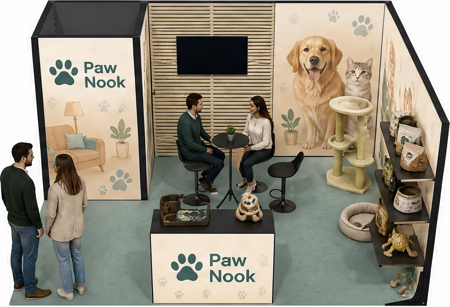 Stoisko 5 × 4 m narożne prawe dla branży akcesoria dla zwierząt, przykładowa marka Paw Nook