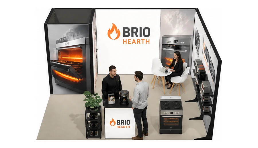 Stoisko 5 × 4 m narożne prawe dla branży sprzęt kuchenny i AGD, przykładowa marka Brio Hearth