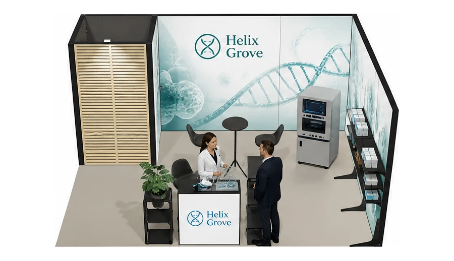 Stoisko 5 × 4 m narożne prawe dla branży farmacja i biotechnologia, przykładowa marka Helix Grove