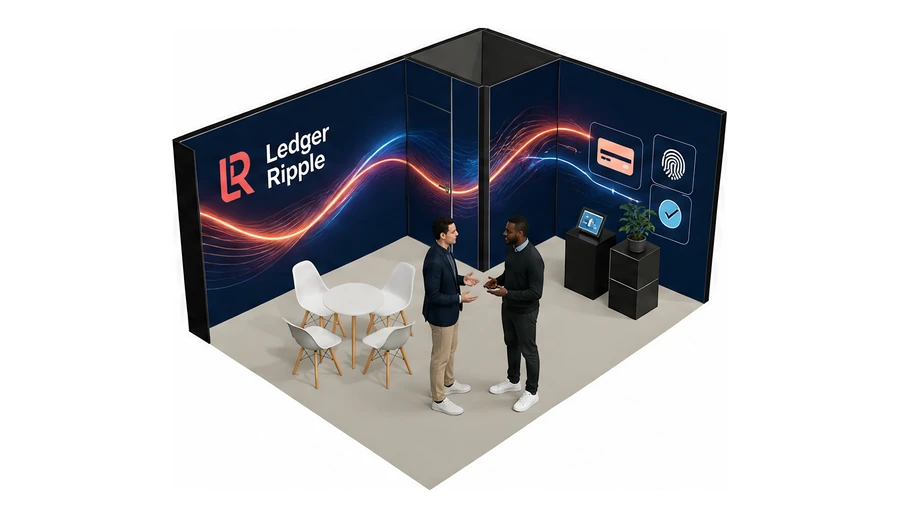 Stoisko 5 × 4 m narożne prawe dla branży płatności online, przykładowa marka Ledger Ripple