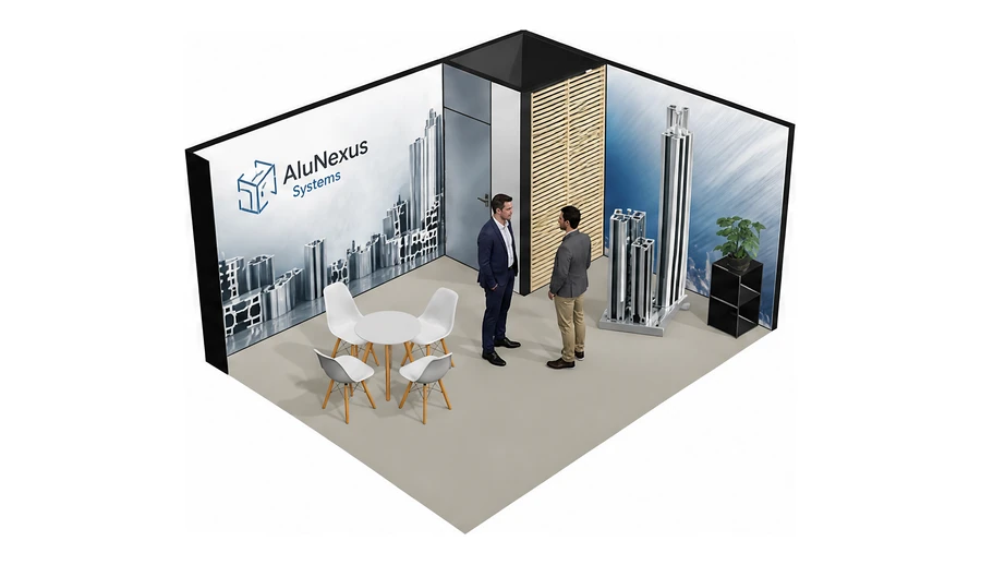 Stoisko 5 × 4 m narożne prawe dla branży profile aluminiowe, przykładowa marka AluNexus Systems