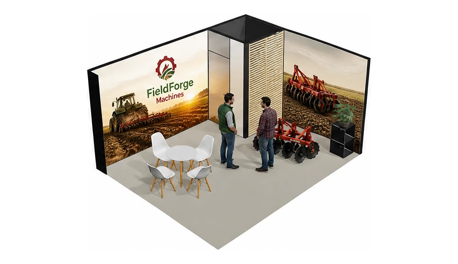 Stoisko 5 × 4 m narożne prawe dla branży maszyny rolnicze, przykładowa marka FieldForge Machines
