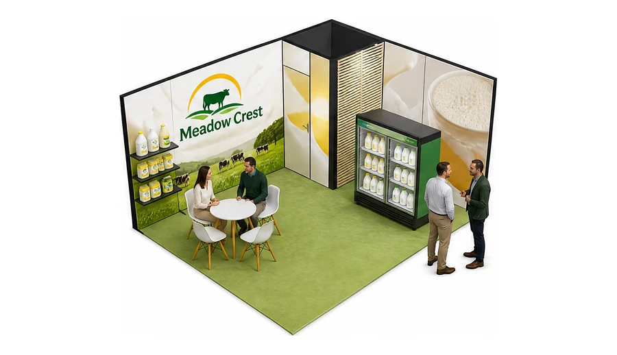 Stoisko 5 × 4 m narożne prawe dla branży nabiał i mleczarstwo, przykładowa marka Meadow Crest