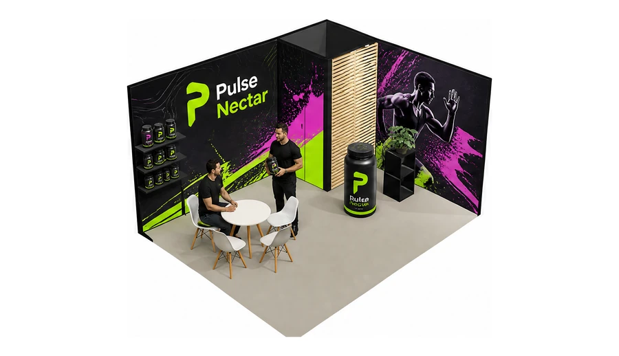 Stoisko 5 × 4 m narożne prawe dla branży suplementy diety, przykładowa marka Pulse Nectar