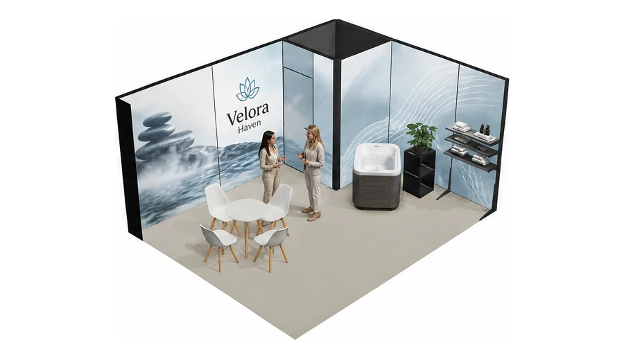Stoisko 5 × 4 m narożne prawe dla branży spa i wellness, przykładowa marka Velora Haven