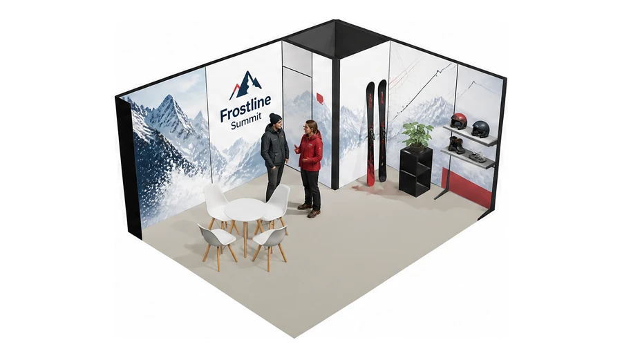Stoisko 5 × 4 m narożne prawe dla branży narciarstwo i sporty zimowe, przykładowa marka Frostline Summit