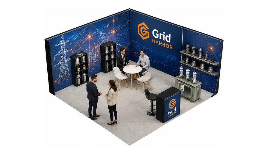 Stoisko 5 × 5 m narożne prawe dla branży energetyka i sieci, przykładowa marka Grid Harbor