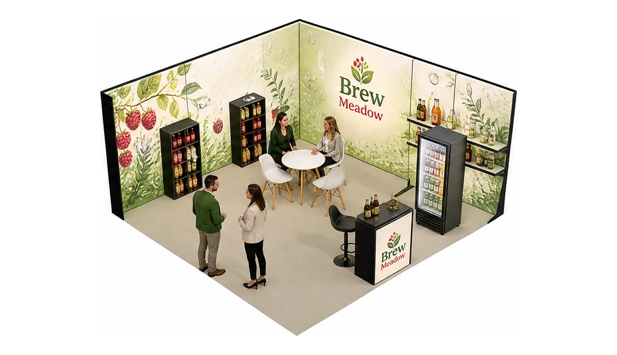 Stoisko 5 × 5 m narożne prawe dla branży napoje, przykładowa marka Brew Meadow