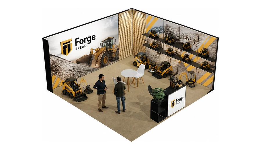 Stoisko 5 × 5 m narożne prawe dla branży maszyny budowlane, przykładowa marka Forge Tread