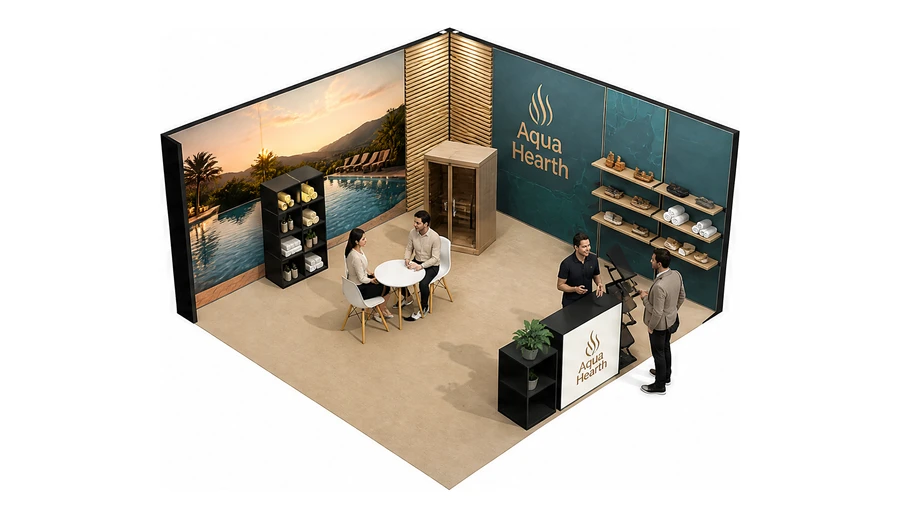Stoisko 5 × 5 m narożne prawe dla branży baseny i sauny, przykładowa marka Aqua Hearth