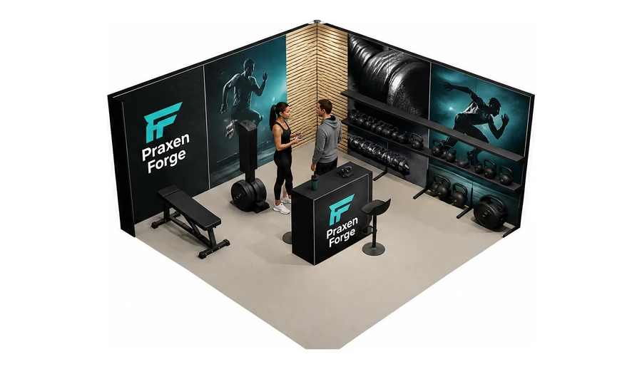 Stoisko 5 × 5 m narożne prawe dla branży fitness i siłownie, przykładowa marka Praxen Forge