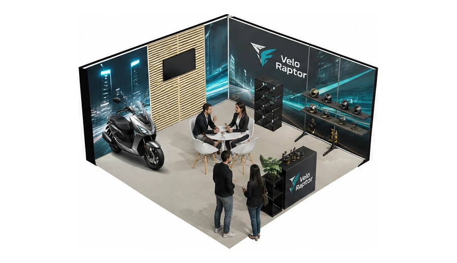Stoisko 5 × 5 m narożne prawe dla branży motocykle i skutery, przykładowa marka Velo Raptor