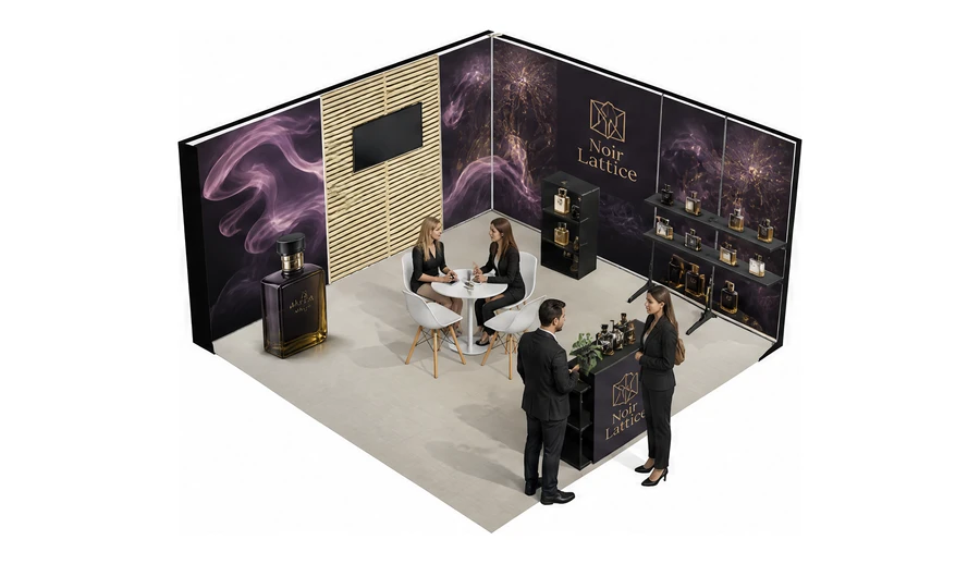 Stoisko 5 × 5 m narożne prawe dla branży perfumy, przykładowa marka Noir Lattice