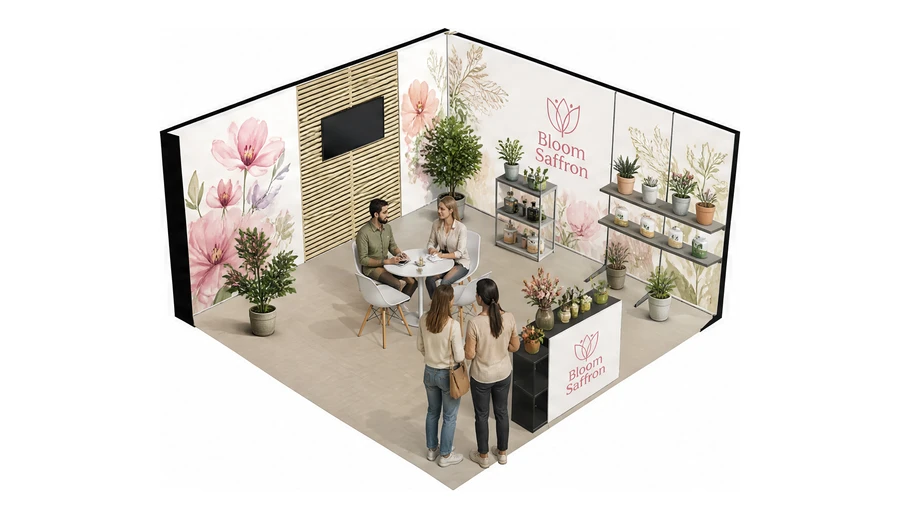Stoisko 5 × 5 m narożne prawe dla branży rośliny i kwiaciarstwo, przykładowa marka Bloom Saffron