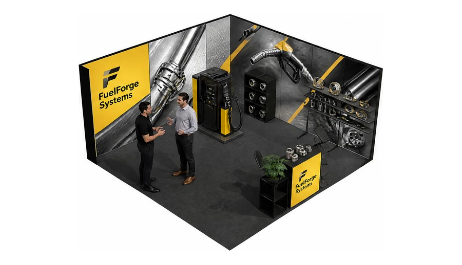 Stoisko 5 × 5 m narożne prawe dla branży stacje paliw, przykładowa marka FuelForge Systems