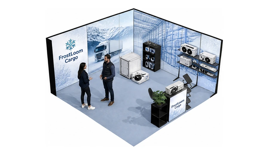 Stoisko 5 × 5 m narożne prawe dla branży łańcuch chłodniczy, przykładowa marka FrostLoom Cargo
