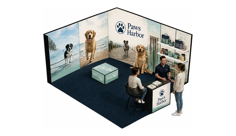 Stoisko 5 × 5 m narożne prawe dla branży akcesoria dla zwierząt, przykładowa marka Paws Harbor