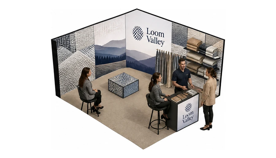 Stoisko 5 × 5 m narożne prawe dla branży tekstylia i tkaniny, przykładowa marka Loom Valley