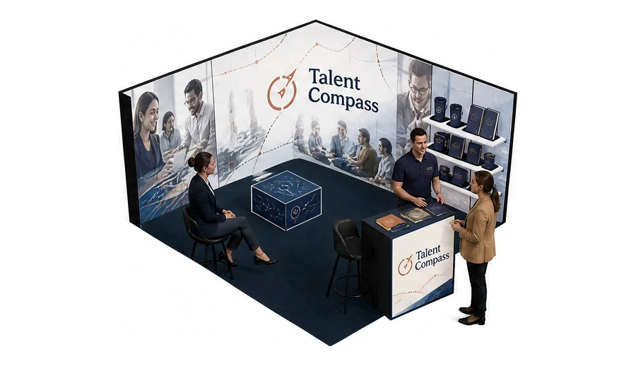 Stoisko 5 × 5 m narożne prawe dla branży HR i rekrutacja, przykładowa marka Talent Compass