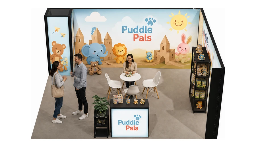 Stoisko 5 × 5 m narożne prawe dla branży zabawki i artykuły dziecięce, przykładowa marka Puddle Pals