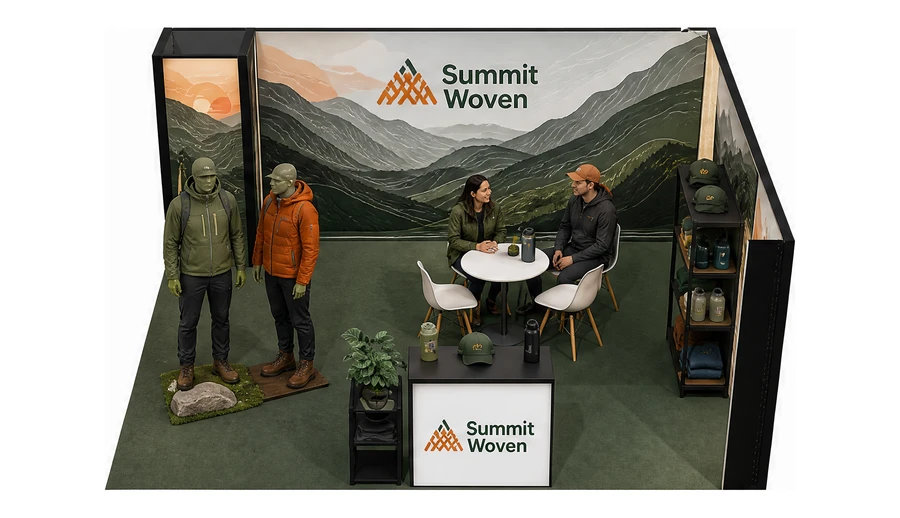 Stoisko 5 × 5 m narożne prawe dla branży odzież i sprzęt outdoorowy, przykładowa marka Summit Woven