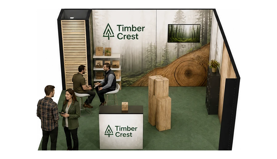 Stoisko 5 × 5 m narożne prawe dla branży leśnictwo i przemysł drzewny, przykładowa marka Timber Crest