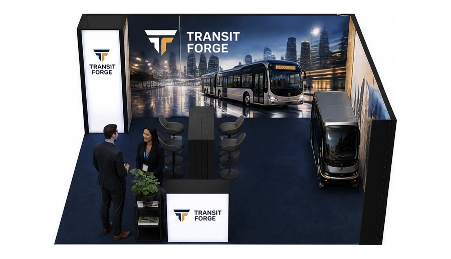Stoisko 5 × 5 m narożne prawe dla branży autobusy i transport zbiorowy, przykładowa marka Transit Forge