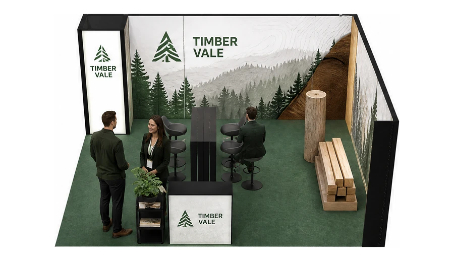 Stoisko 5 × 5 m narożne prawe dla branży leśnictwo i przemysł drzewny, przykładowa marka Timber Vale