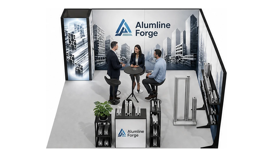 Stoisko 5 × 5 m narożne prawe dla branży profile aluminiowe, przykładowa marka Alumline Forge