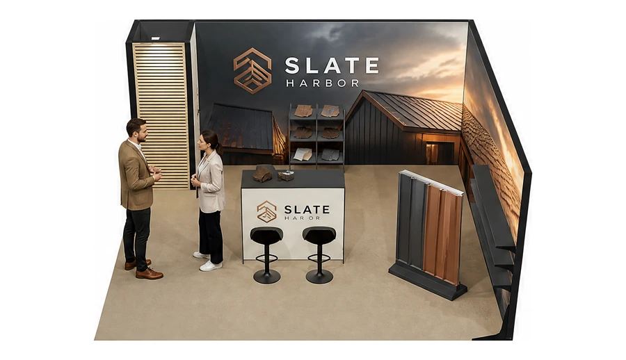 Stoisko 5 × 5 m narożne prawe dla branży dachy i elewacje, przykładowa marka Slate Harbor