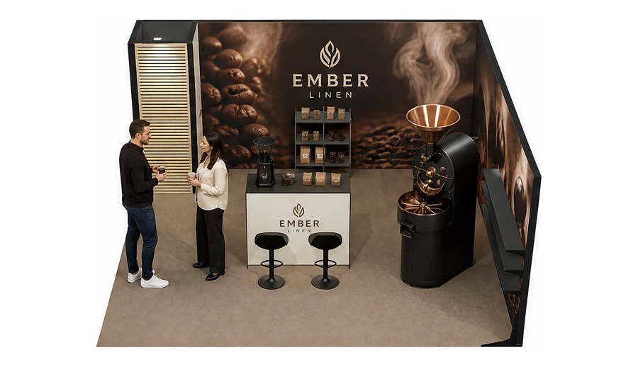 Stoisko 5 × 5 m narożne prawe dla branży palarnia kawy, przykładowa marka Ember Linen