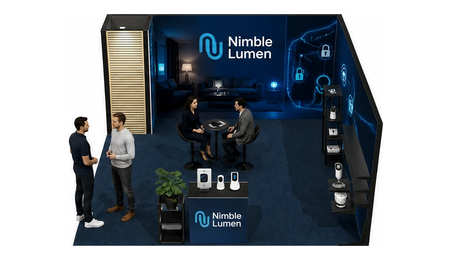 Stoisko 5 × 5 m narożne prawe dla branży smart home i IoT, przykładowa marka Nimble Lumen