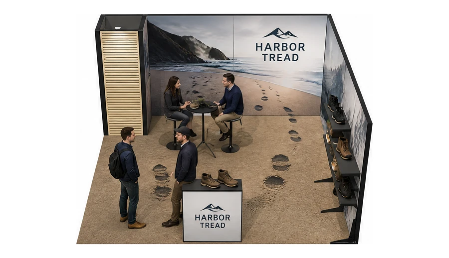 Stoisko 5 × 5 m narożne prawe dla branży obuwie, przykładowa marka Harbor Tread