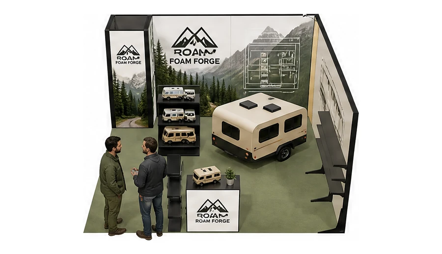 Stoisko 5 × 5 m narożne prawe dla branży caravaning i kampery, przykładowa marka Roam Forge