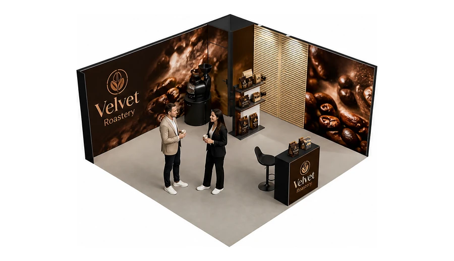 Stoisko 5 × 5 m narożne prawe dla branży palarnia kawy, przykładowa marka Velvet Roastery