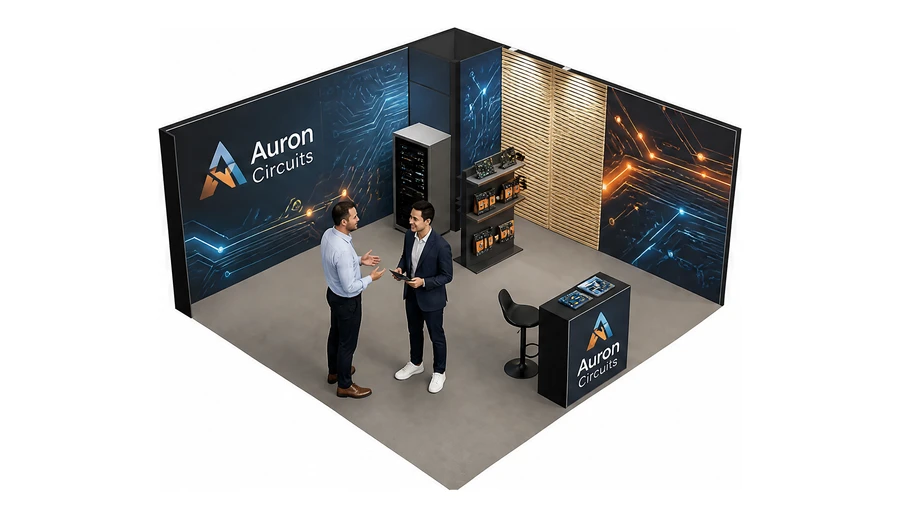 Stoisko 5 × 5 m narożne prawe dla branży komponenty elektroniczne, przykładowa marka Auron Circuits