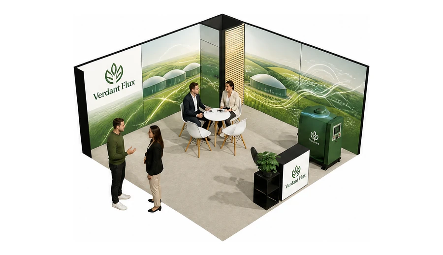 Stoisko 5 × 5 m narożne prawe dla branży biogaz i OZE, przykładowa marka Verdant Flux