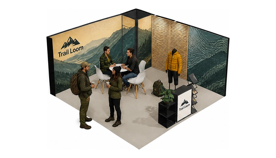 Stoisko 5 × 5 m narożne prawe dla branży odzież i sprzęt outdoorowy, przykładowa marka Trail Loom